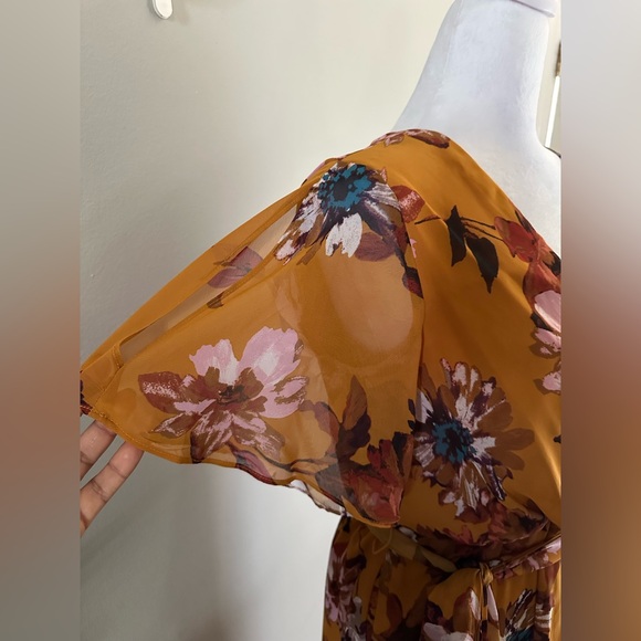 SLNY High-Low Short Sleeve Floral Maxi Dress Mustard Color Size 6 - Picture 6 of 13